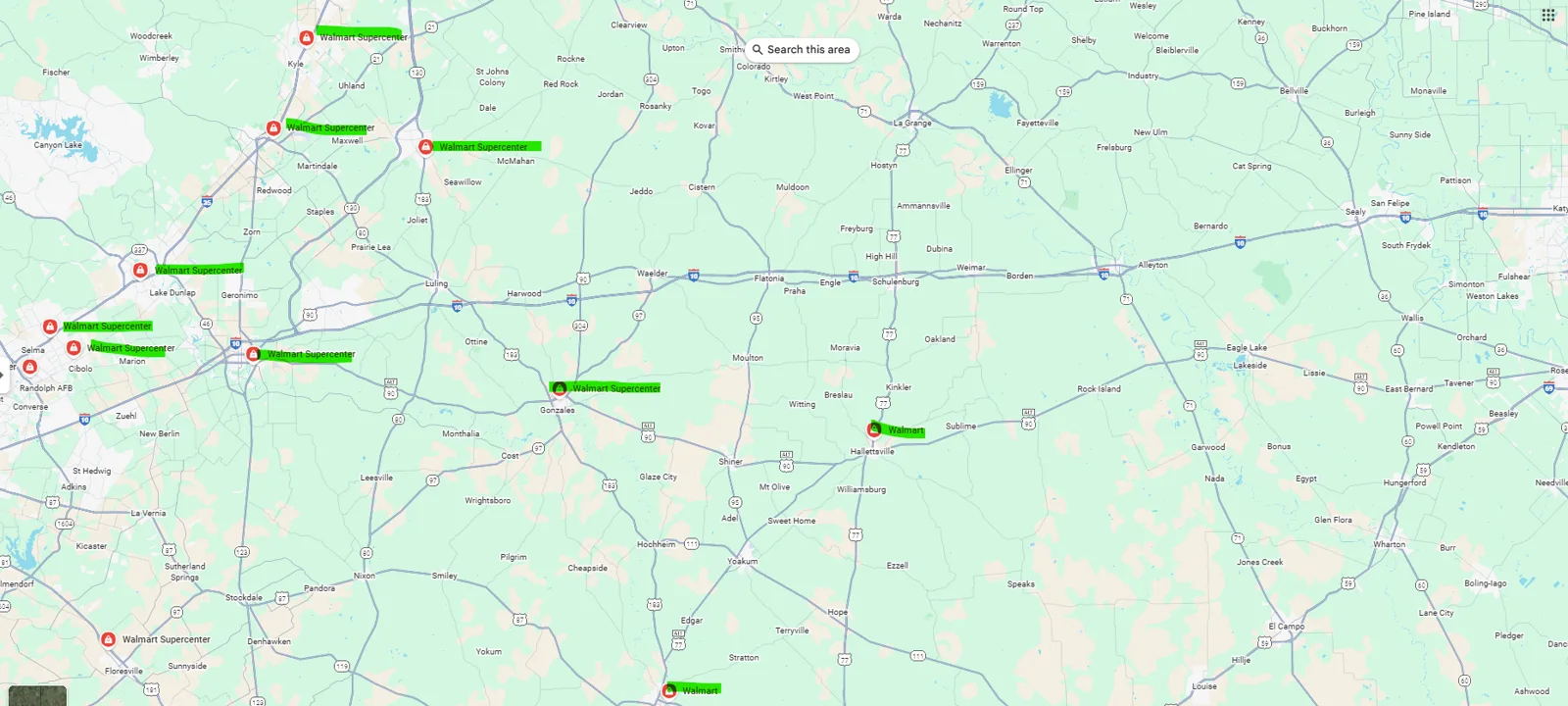 Map of the I-10 corridor west of Houston showing Walmart store locations
