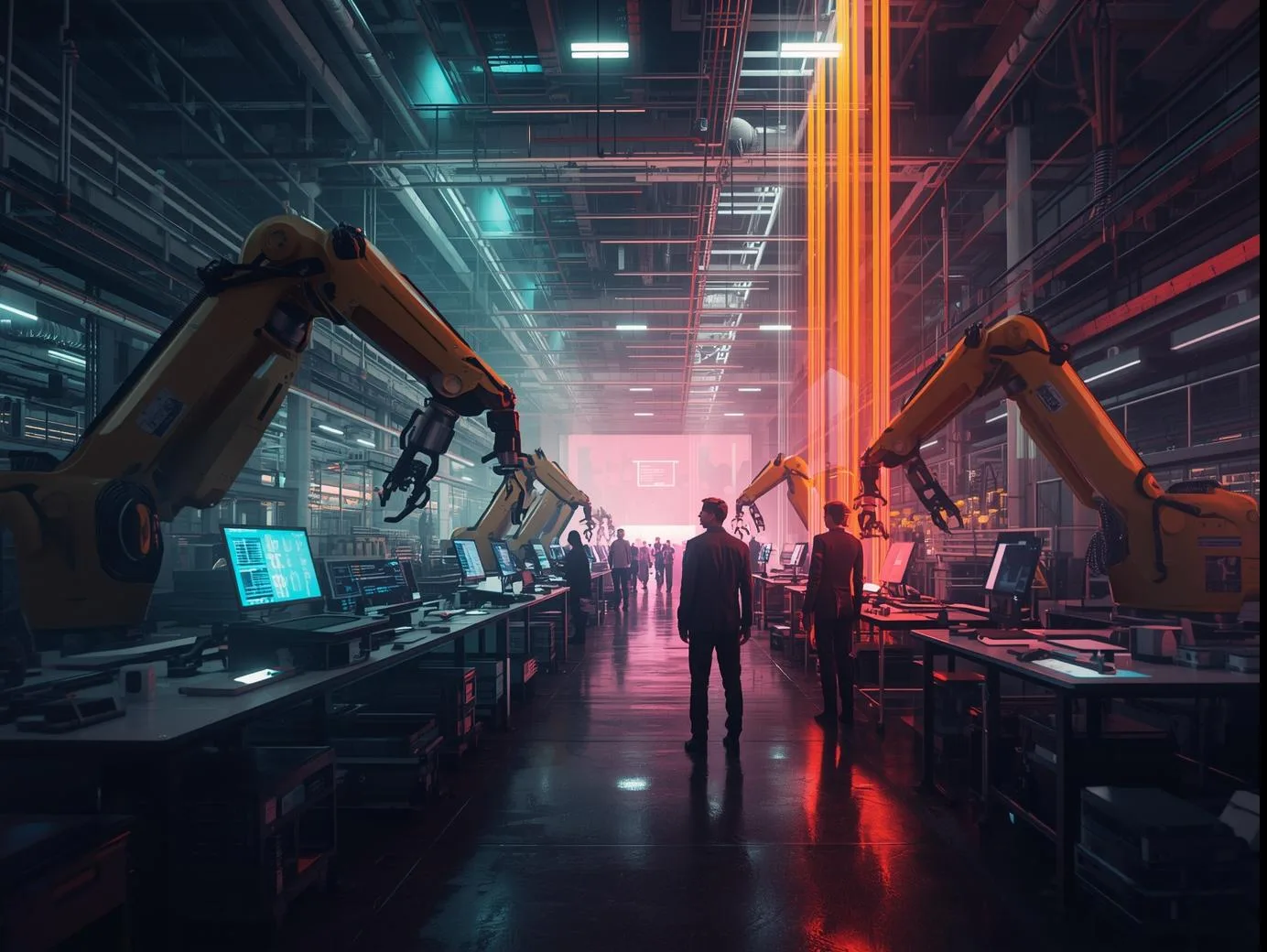 A futuristic factory floor with robotic arms and glowing data streams.