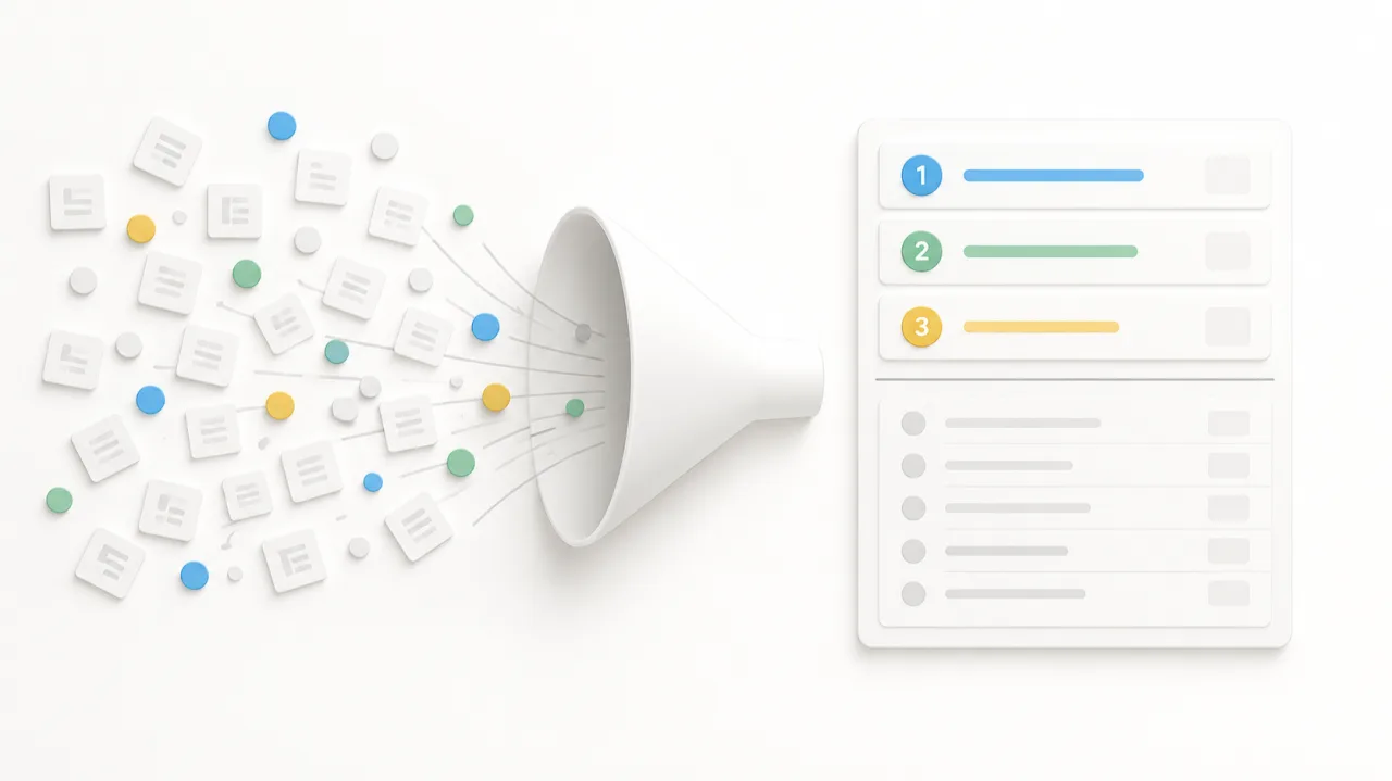 Illustration of scattered ideas passing through a funnel into a short, ranked priority list.