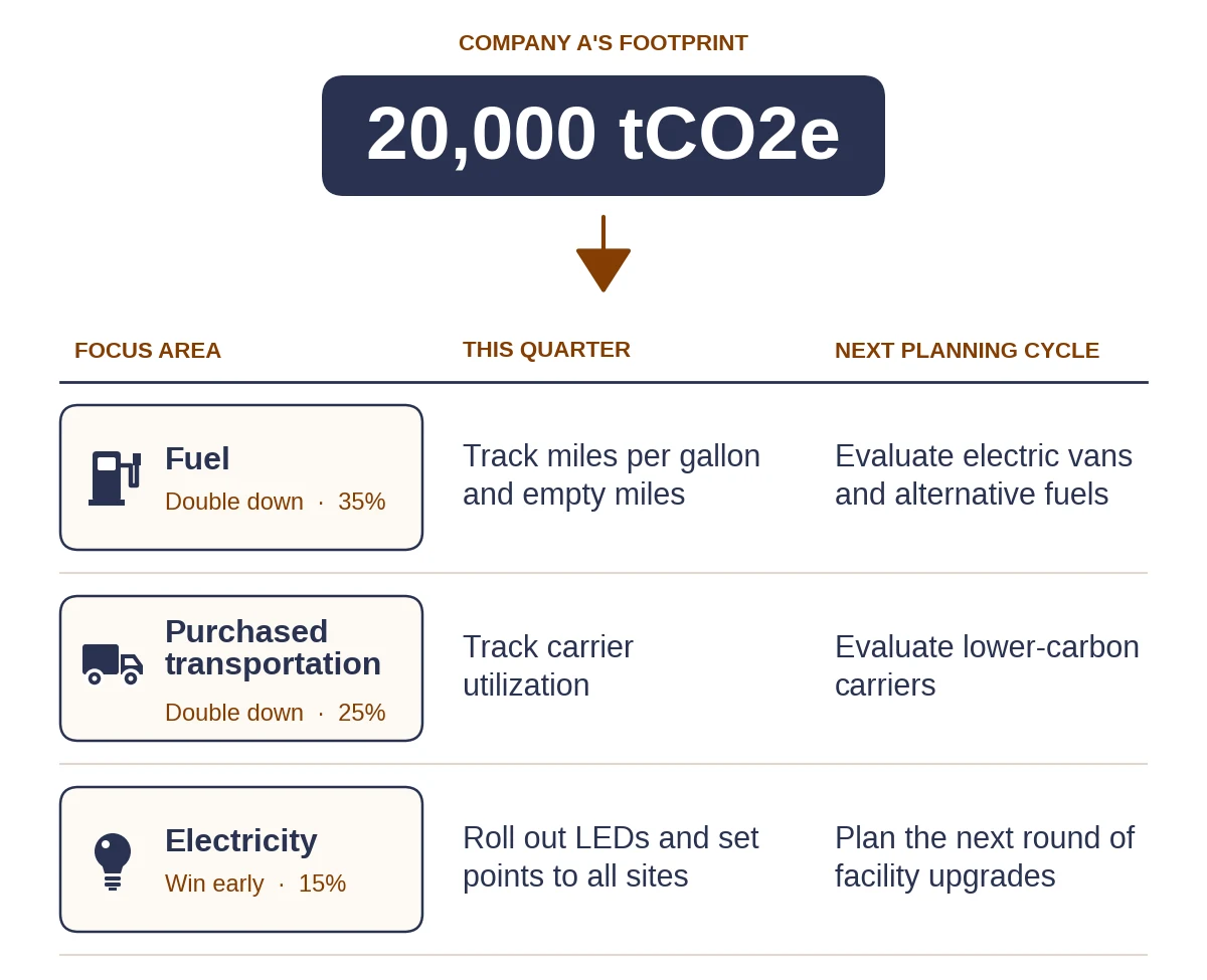 Company A’s 20,000 tCO2e footprint broken into an action plan. Fuel (Double down, 35%): this quarter, track miles per gallon and empty miles; next planning cycle, evaluate electric vans and alternative fuels. Purchased transportation (Double down, 25%): track carrier utilization; evaluate lower-carbon carriers. Electricity (Win early, 15%): roll out LEDs and set points to all sites; plan the next round of facility upgrades.